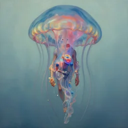 a dream fantasy painting of a man trapped inside a giant jellyfish, by beksinki, giger, greg rutkowski, carne griffith trending on artstation, deviantart, photorealism