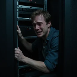 gilbert godfrey crying in a server room, realistic, moody grindhouse, dark