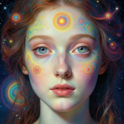 hyperrealistic abstract close-up female! portrait Renaissance psychedelic!! celestial happy! pure creature!! perfect!! face! peaceful! kind spirit of nature! beautiful fractal!! eyes! highly detailed concept art eric zener elson peter cinematic hard rainbow lighting high angle hd 8k sharp shallow depth of field endless, inspired by Zdzisław Beksiński Salvador Dali