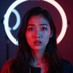 woman, beautiful asian, standing in front of the camera, scared, close up, red and blue, loop light, photography, iso 2 0 0, steve mccurry