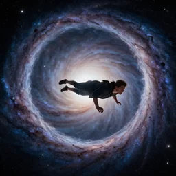a realistic photograph of a person flying through a galaxy portal