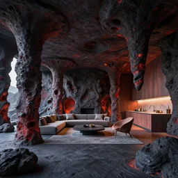inside organic home made of carved magma and lava. thin columns. very low ceiling living room and kitchen. architectural photography. coronarender, 4 k, 8 k. volumetric lighting.