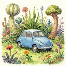ultra detailed digital pencil and watercolors and illustration of tiny car surrounded by unusual plants and flowers grow from below by wes anderson, tim burton, tomm moore, jean pierre jeunet ; 4 k 8 k hd high resolution ;