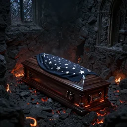 a funeral at a church built out of coal, trenchant burning embers and a shroud covered with mournful stars above the casket, digital art