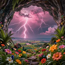 inside of a cave with a hyper - realistic bright coloured natural flowers and ferns : 4, overlooking a endless plain with pink lightning clouds : 1, highly symmetrical, balanced, lightning clouds : 6, octane render, in the style of sahm : 8 hd, 4 k, ultra - realistic, in unreal engine