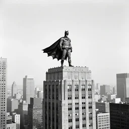 old black and white photo, 1 9 2 5, depicting batman spreading his cape on top of a skyscraper of new york city, rule of thirds, historical record