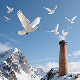 a mountain goat flying an impossible distance through the air between two peaks | pure white doves flying in and out of a large chimney |