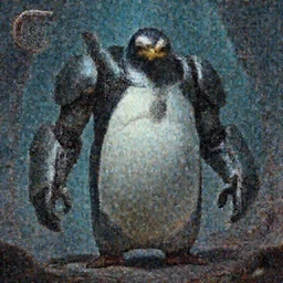 Anthropomorphic athletic humanoid robot penguin, creepy,sci fi,in Gears of War cover art, ultra wide lens shot, beautiful, DnD character art portrait, matte fantasy painting, eerie, DeviantArt Artstation, by Jason Felix by Steve Argyle by Tyler Jacobson by Peter Mohrbacher, cinematic lighting