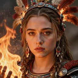 chloe grace moretz as an azctec warrior, detailed perfect face, exquisite details, fire magic, mid view, design on a white background, by studio muti, greg rutkowski makoto shinkai takashi takeuchi studio ghibli
