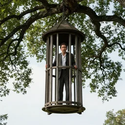 Nicholas Cage imprisoned inside a medieval gibbet-cage hanging from an oak tree XF IQ4, f/1.4, ISO 200, 1/160s, 8K, RAW, unedited, symmetrical balance, in-frame