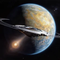 enterprise from star trek tng orbiting over a alien planet, volumetric light from nearby star, style by caspar david friedrich and wayne barlowe and ted nasmith.