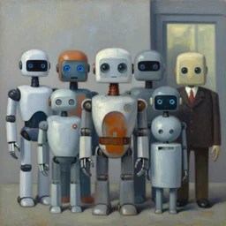 queue of super - intelligent robots with kind eyes portrait, grant wood, pj crook, edward hopper, oil on canvas