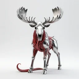 stylized shiny polished silver statue bizarre cosmic horror quadruped animal moose deer skull four legs made of slug creature tendrils, perfect symmetrical body, perfect symmetrical face, hyper realistic, hyper detailed, by johannen voss, by michelangelo, octane render, blender, 8 k, displayed in pure white studio room anatomical deep red arteries veins spaghetti flesh