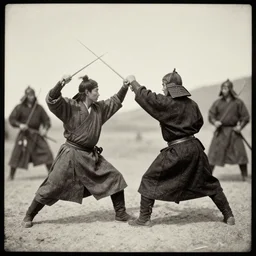 a samurai fighting the mongols, as daguerreotype photo