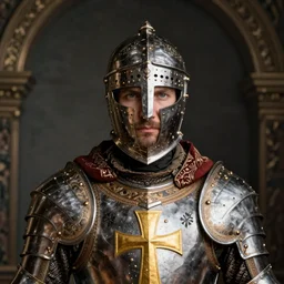 portait of a man in decorated medieval baroque style armor and helmet and big golden cross on his chest plate high resolution high detail