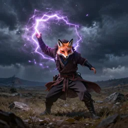 man with a fox mask cast a thunder spell, storm, landscape, artstation