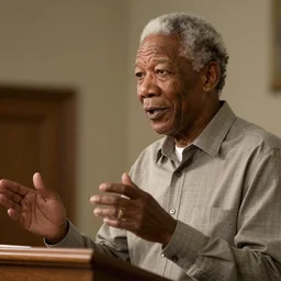 cinematic still of Morgan Freeman preaching at a Baptist Church in Rural Tennessee, close up, shallow depth of field, cinematic