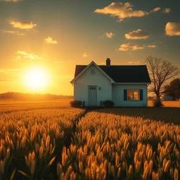 my dream of lonely suburban house in a grain field, golden hour, uncanny, front door, overly happy, harsh lighting