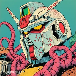 risograph grainy drawing vintage sci - fi, satoshi kon color palette, gigantic gundam full - body covered in dead coral reef 1 9 6 0, kodak, with lot tentacles, natural colors, codex seraphinianus painting by moebius and satoshi kon and dirk dzimirsky close - up portrait