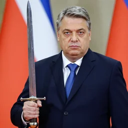 Viktor orban holding a sword, photo, high detail, high quality,