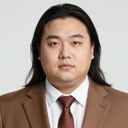 Close up portrait of a clean-shaven chubby man with long black hair wearing a brown suit and necktie with a television in the background. Photorealistic. Award winning. Dramatic lighting. Intricate details. UHD 8K. He looks very shocked.
