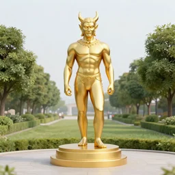 male demon, devil golden monument stands in a park