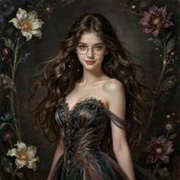 portrait of a young female wizard in flowing sensual dress, long fine flowing hair, delicate, looking at camera, slight nerdy awkward smile, realistic face, stylish, elegant, grimdark fantasy, flowers, extremely detailed painting inspired by Gerald Brom and Ernst Haeckel and Carvaggio , studio lighting