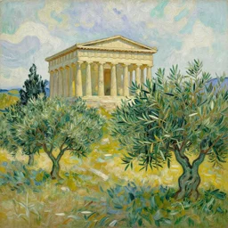 olive trees in an ancient greek temple landscape, trending on art station, painting by vincent van gogh