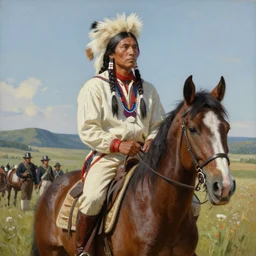 a highly detailed matte portrait painting of an american native sioux on his horse overlooking col custer's last stand, in the style of greg rutkowski and remedios varo, ultra realistic, detailed, intricate, full of color, 4 k, hyperrealistic, focused, extreme details, masterpiece