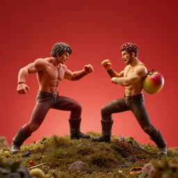 fruits fighting eachother in combat on a hill, hyper realism, detailed, epic red background, fighting, dynamic lighting, fine texture, 8 k, concept art