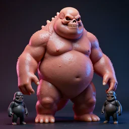 hyperrealistic subsurface scattering rendering, fat smooth wet cronenberg flesh monster kaiju with smooth skull and ribcages kaiju by art of skinner and richard corben and jeff easley, product photography, action figure, sofubi, studio lighting, colored gels