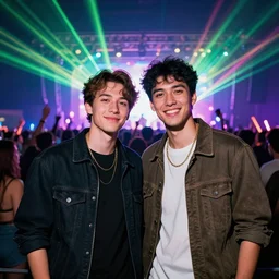 studio portrait of two friends in front of the shot partying at a concert with a crowd and lasers, hyper detailed, octane render, vivid colors, artstation,
