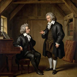 beethoven sitting on a piano stool talking to bach who is standing next to him, renaissance painting, inside of a old wooden shack.
