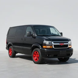 black 1 9 8 3 gmc van, red wheels, full length, photorealistic, 4 k, very detailed