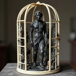 extreme harsh lighting antique photograph of biomorphic surreal sculpture of a standing figure of a mourning survivor in an ivory cage, made of black plaster and old circuitry and stained with charcoal, fractal 3 d structure, sculpted by alexander rodchenko and eva hesse, photographed by francesca woodman, tragic grainy shallow depth of field high contrast shocking detail trending on artstation 8 k