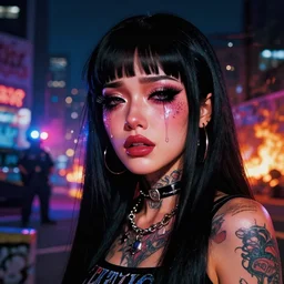 graffiti of a streetwear anime style mixed woman wearing thick mascara, crying, a city on fire in the background, police lights shine on her face, tattoos, dark glitter, Cinestill 50d, 4k, 8k, hd, full color, octane render, trending on artstation, highly detailed