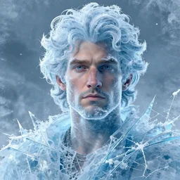 award winning commission portrait of a man made of ice with curly hair,ice cracks.Digital art,hyperdetailed,detailed fa e,ross tran,character design by charles bowater,deviantart,artstation,photorealistic,4k