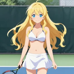 a very beautiful young anime tennis girl, full body, long wavy blond hair, sky blue eyes, full round face, short smile, bikini, miniskirt, front view, mid - shot, highly detailed, cinematic wallpaper by stanley artgerm lau