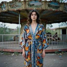 a woman wearing a robe made of butterflies in an abandoned amusement park, by omar z. robles, canon eos c 3 0 0, ƒ 1. 8, 3 5 mm, 8 k, medium - format print