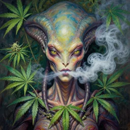 perfectly centered portrait, front view of a reptilian alien, blowing out smoke, female, intense stare, vril, symmetrical, concept art, intricate detail, volumetric shadows and lighting, beautiful colors, marijuana leaves, vibrant, realistic oil painting by gustave dore and alex grey,