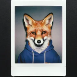 medium-shot neat polaroid photo of a fox in a hoodie, 80s, colour, by Andy Warhol