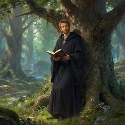 ryan reynolds wearing sorcerer robes leans against a magical tree romance novel fantasy artwork epic detailed and intricate digital painting trending on artstation by wlop octane render