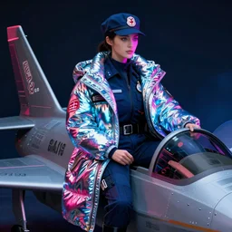 detailed neon female swat officer sitting in a fighter jet, cyberpunk futuristic, neon, reflective puffy coat, decorated with traditional japanese by ismail inceoglu dragan bibin hans thoma greg rutkowski alexandros pyromallis nekro rene margitte, wide angle, illustrated, perfect face, fine details, realistic shaded, fine - face, pretty face