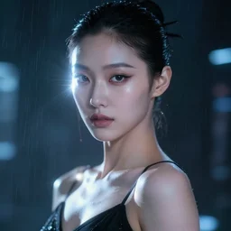 facial portrait of a korean blade runner ballerina model with beautiful makeup, dark cyberpunk background, lens flare, rain, deep focus, d & d, intricate, elegant, highly detailed, photo, artstation, blade runner, 8 k, sharp focus, unreal engine 5, global illumination, radiant light