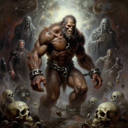 shackled in the void of heaven, frank frank frazetta and cgsociety, stunning god sasquatch, charlie bowater and tom bagshaw, insanely detailed, deviantart, space art, atoms surrounded by skulls, death, and spirits deep under the haze smaoke, horror, sci - fi, surrealist painting, by peter mohrbacher