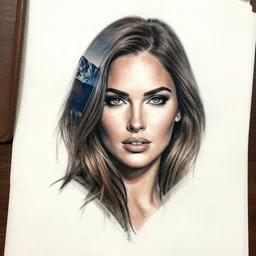 tattoo sketch of megan fox's face blended in amazing mountain scenery, in the style of dan mountford
