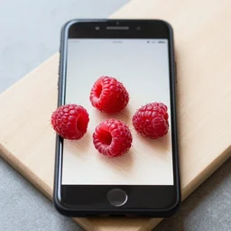 mobile photo of few raspberries lie on a cutting board on the table, android cameraphone, 2 6 mm