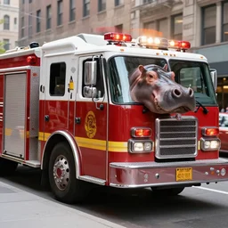 Hippo on a firetruck in New York City, realistic,