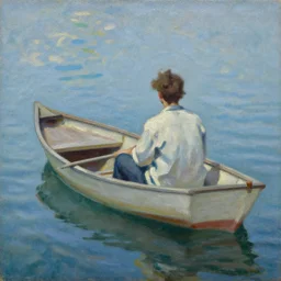 painting of a person in a boat on the water, an oil painting by gregory manchess, deviantart, figurative art, oil on canvas, impressionism, painterly