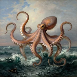giant octopus with huge tentacles dancing above the waves of an turmoiled ocean, by jmw turner